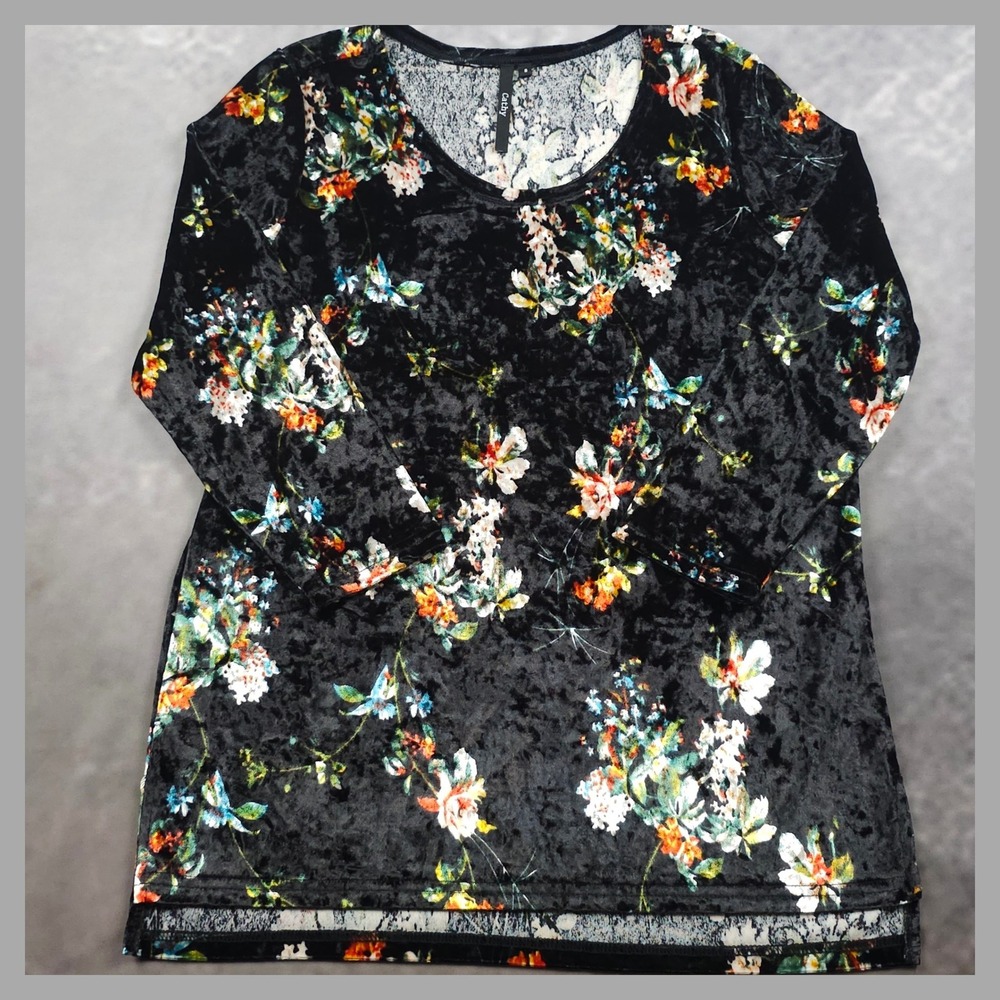 Cathy Crushed Velvet Floral Tunic Top Boho Whimsigoth Cottagecore Black Small